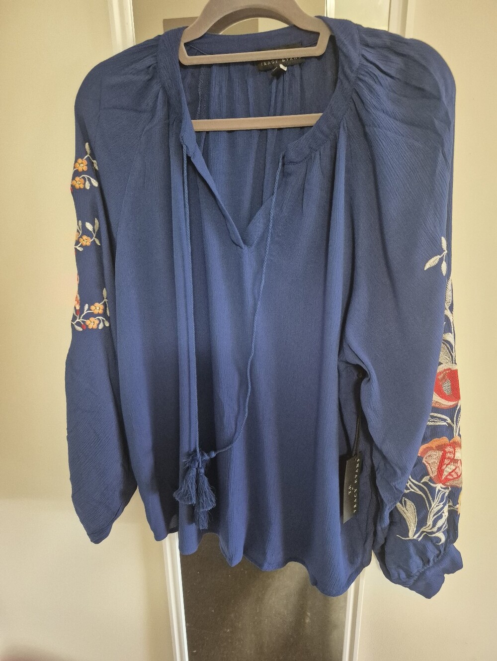 Tracy Evans Blue Embroidered Peasant Blouse with Tassel Tie